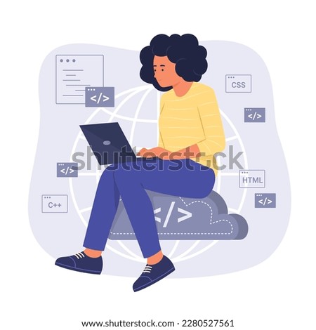 Programmer Woman Sitting on Cloud Computing Symbol and Process Coding for Software Development Concept Illustration