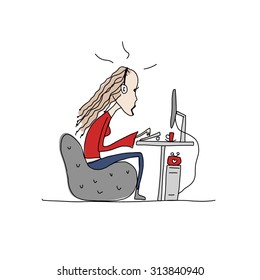 Programmer woman at work, sketch for your design. Vector illustration