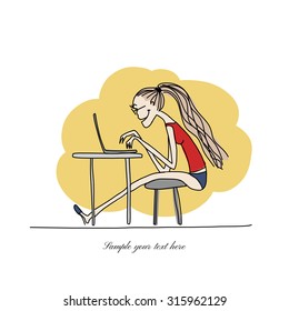 Programmer woman at work, sketch for your design. Vector illustration