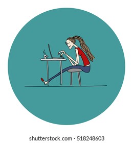 Programmer woman at work, sketch for your design. Vector illustration