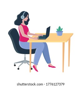 Programmer woman working at laptop. Developer sitting at the table writing program code on computer. Working at home. Vector illustration