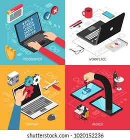 Programmer Work 4 Isometric Icons Concept Square With Typing Code Laptop Screen Office Accessories Isolated Vector Illustration  