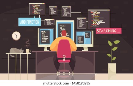 Programmer work background with working day symbols flat vector illustration