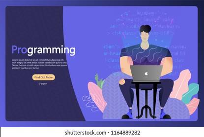 Programmer at work, concept banner. Business analysis, design, strategy. Vector illustration. Funny cartoon character of a person in Bodybuilder, big programmer. Can use for web banner, infographics.