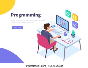 Programmer at work concept banner.  Can use for web banner, infographics, hero images.  Flat isometric vector illustration isolated on white background.