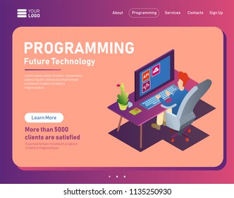 Programmer at work concept banner. Can use for web banner, infographics, hero images. Flat isometric vector illustration isolated on white background. Modern colorful landing page for programming