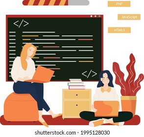 Programmer at work concept banner. Can use for web banner, infographics, hero images. Flat  vector illustration isolated on white background and green themes