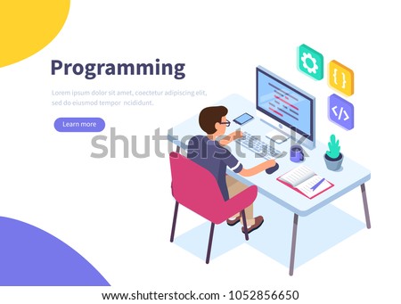 Programmer at work concept banner.  Can use for web banner, infographics, hero images.  Flat isometric vector illustration isolated on white background.