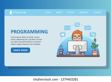 Programmer at work concept banner. Landing web page template.Can use for web banner, infographics, hero images. Flat isometric vector illustration isolated on white background