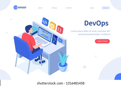 Programmer at work concept. Can use for web banner, infographics, hero images. Flat isometric vector illustration isolated on white background.