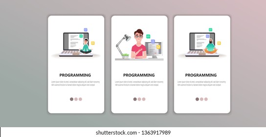 Programmer at work concept. Cartoon character people does programs in the office, program code on the monitor screen. Young programmer coding a new project using computer. Use for mobile app screen