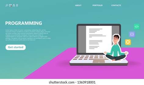 Programmer at work concept. Cartoon character man does programs in the office, program code on the monitor screen. Young programmer coding a new project using computer