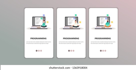 Programmer at work concept. Cartoon character man does programs in the office, program code on the monitor screen. Young programmer coding a new project using computer. Use for mobile app screen