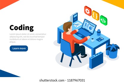 Programmer at work concept. Coding or online programming education. Flat isometric vector illustration. Web Page template. Vector illustration