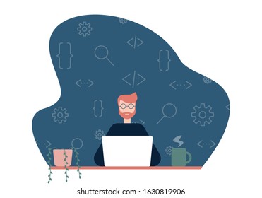 Programmer at work concept. Developer coding at his laptop. Flat vector illustration of a smart man with programming skills who works in software development business. Geek character at workplace