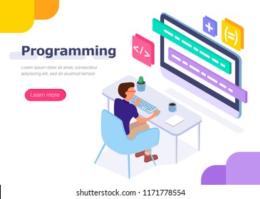 Programmer at work. Concept for infographics, web banner. Flat isometric vector illustration.