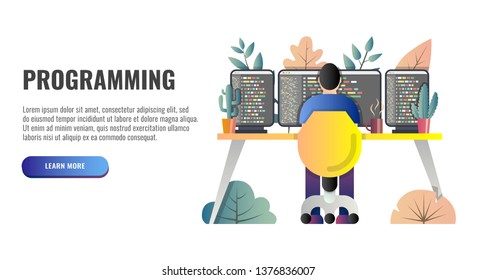 Programmer at work concept. Web banner. Vector illustration