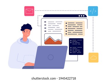 Programmer at work. Design with computer, overworked developer testing programme. Executive businessman, internet app engineering utter vector concept