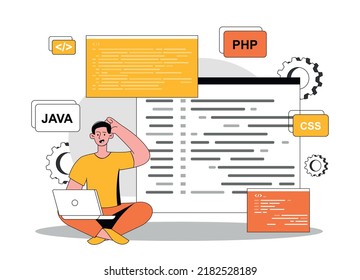 Programmer at work. Man with laptop writes code, IT specialist at work. Modern technologies and digital world. Development of programs, software and applications. Cartoon flat vector illustration