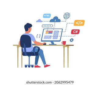 Programmer at work. Man sitting at laptop, pc. Character writes program code, application development, website layout. Employee, office, freelancer, coworking. Cartoon flat vector illustration