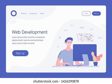 Programmer at work, web development concept. Landing page template. Young man is programming code. Use for web, infographics. Trendy flat style. Vector illustration.