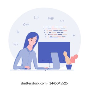 Programmer at work, web development concept. Young woman is programming code. Use for web, infographics. Trendy flat style. Vector illustration.