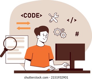A programmer at work, an IT worker. The concept of remote work.