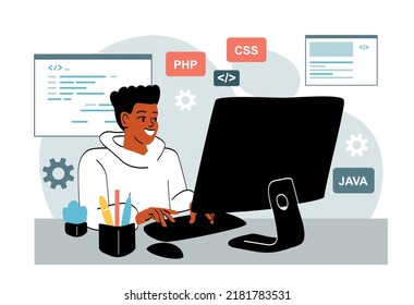 Programmer at work. Young guy sits at computer and writes code. Character develops programs and applications, works on website. Freelancer and remote worker. Cartoon flat vector illustration