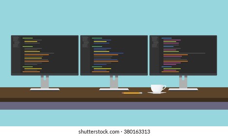 programmer workdesk triple monitor with programming code vector illustration
