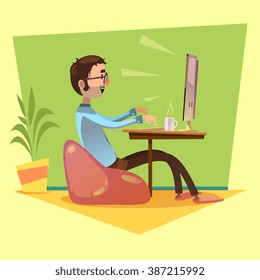 Programmer working with coffee and computer on yellow background cartoon vector illustration 