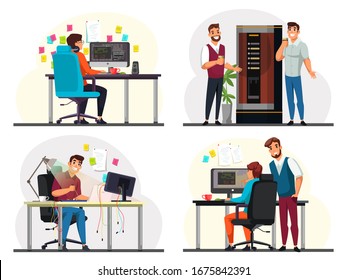 Programmer Working At Computer In Office, Chatting With Partner During Coffee Break, Repairing PC, Discussing Project With Boss Chief. Cartoon People Scene Set. Colleagues Conversation And Coworking