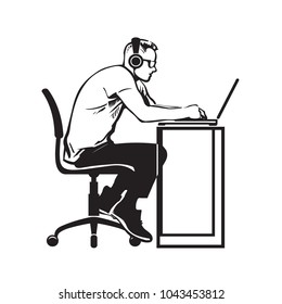 Programmer working at computer. Teenager 
in headphones sitting stooping at laptop. Hand drawn vector illustration isolated on white background.