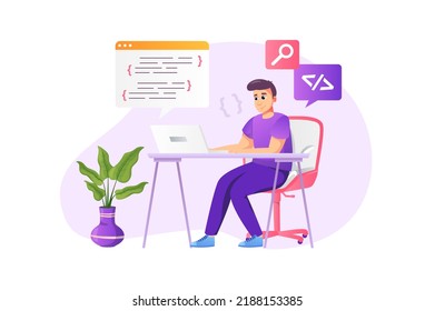 Programmer working concept in flat style with people scene. Happy man coding and programming at laptop sitting desk at home office. Developer doing tasks online. Vector illustration for web design
