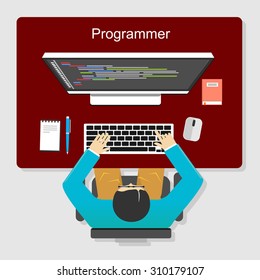 Programmer working concept illustration. Flat design. Flat design illustration concepts for analysis, working, brainstorming, coding, programming, and teamwork.