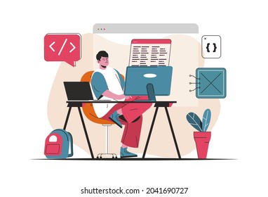 Programmer working concept isolated. Creation and development of software, programs. People scene in flat cartoon design. Vector illustration for blogging, website, mobile app, promotional materials.