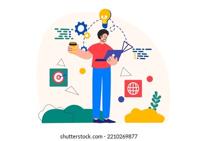 Programmer working concept with people scene in the flat cartoon design. Programmer with a cup of coffee checks the functionality of the written code. Vector illustration.