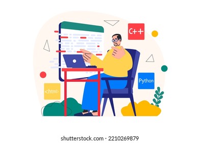 Programmer working concept with people scene in the flat cartoon design. Programmer analyzes the code of the application while sitting at home. Vector illustration.