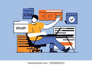 Programmer working concept with people scene in flat design for web. Developer programming code, testing algorithm, creating updates. Vector illustration for social media banner, marketing material.