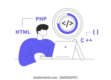 Programmer working concept web. Man searching program bugs in code, creating quality report, programming and engineering software projects. Flat Cartoon Vector Illustration, icon. Stylish abstract 