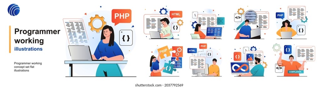 Programmer working isolated set. Devops, coding, programming software testing. People collection of scenes in flat design. Vector illustration for blogging, website, mobile app, promotional materials.