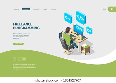 Programmer working landing. Designer or artist sitting at computer freelancer programmability vector isometric concept