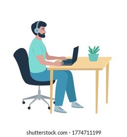 Programmer working at laptop. Developer sitting at the table writing program code on computer. Working at home. Vector illustration