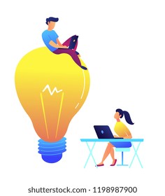 Programmer working with laptop on huge light bulb and designer at desk vector illustration.