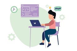 Programmer Working Modern Flat Concept For Web Banner Design. Male Developer Works On Laptop And Programs In PHP Language. Vector Illustration With Isolated People Scene