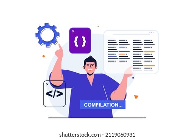 Programmer working modern flat concept for web banner design. Developer works on part of project, codes and programs, improves and customizes programs. Vector illustration with isolated people scene