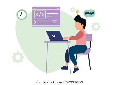 Programmer working modern flat concept for web banner design. Male developer works on laptop and programs in PHP language. Vector illustration with isolated people scene