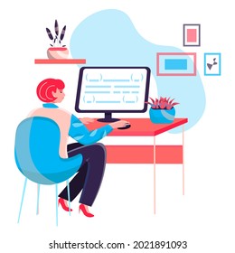Programmer working at office concept. Woman writes code, creating and testing apps. Software and programs development, character scene. Vector illustration in flat design with people activities
