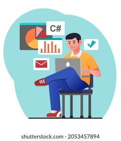 Programmer working on chair. Man writes code, developing applications, working on new programs. Freelancer, home office, chatting. Cartoon flat vector illustration isolated on white background