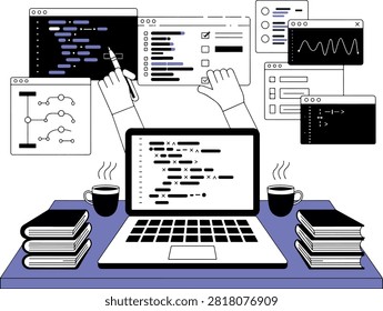 Programmer working on complex software development with multiple screens and coffee on desk programming developer software workspace technology computer development interface business
