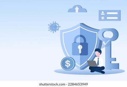 Programmer working on a compute, manage, develop and protect online information. Focus on internet network security. Flat vector illustration with copy space.
